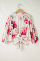 Tied Floral Round Neck Three-Quarter Sleeve Blouse-Tops-Krush Kandy, Women's Online Fashion Boutique Located in Phoenix, Arizona (Scottsdale Area)