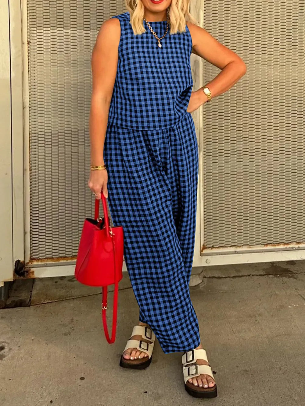 Lovelet Plaid Round Neck Sleeveless Top and Pants Set-2 Piece Outfit Sets-Krush Kandy, Women's Online Fashion Boutique Located in Phoenix, Arizona (Scottsdale Area)