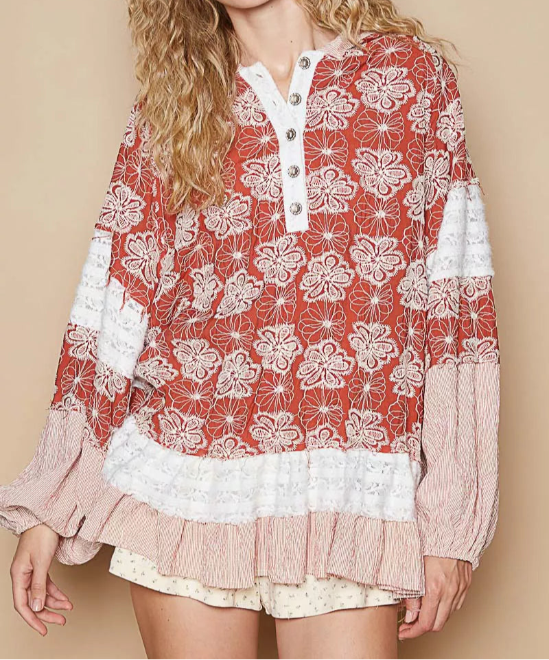 POL Ruffled Hem Floral Pattern Balloon Sleeve Hoodie-Hoodies-Krush Kandy, Women's Online Fashion Boutique Located in Phoenix, Arizona (Scottsdale Area)