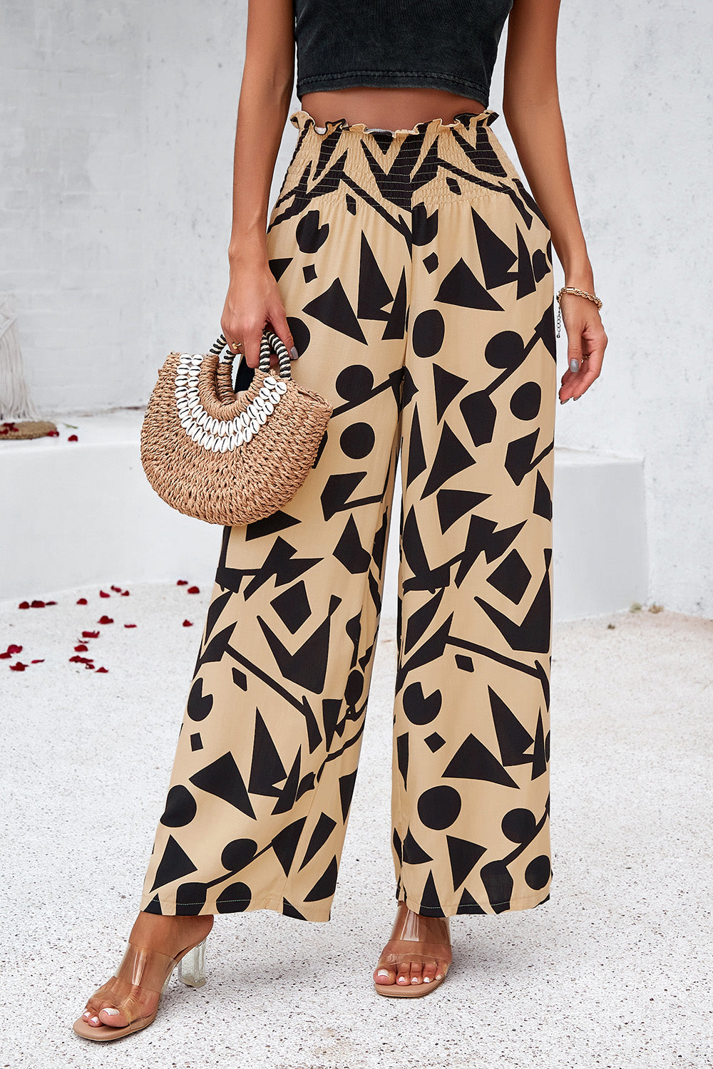 Smocked Printed Wide Leg Pants with Pockets-Pants-Krush Kandy, Women's Online Fashion Boutique Located in Phoenix, Arizona (Scottsdale Area)