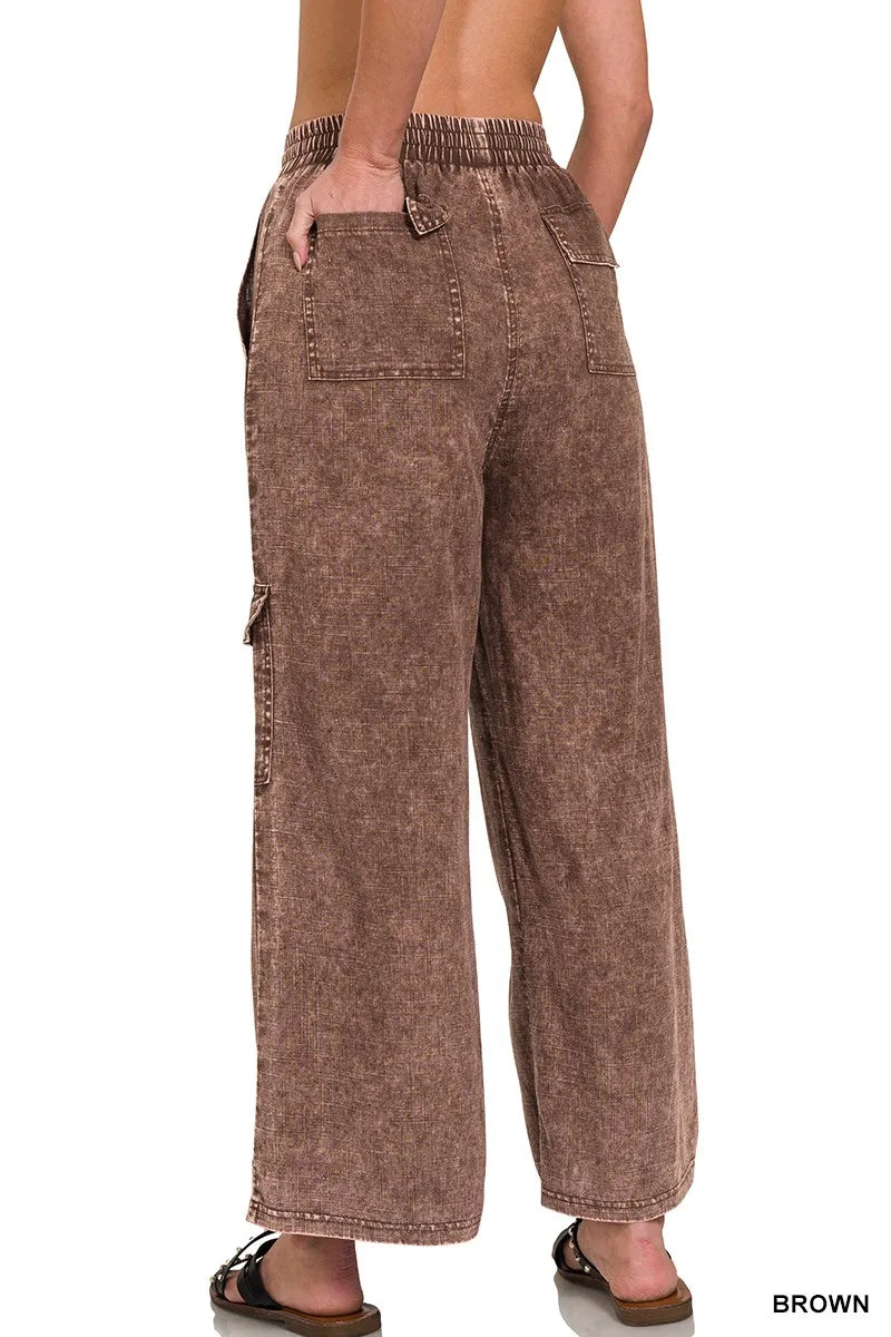Washed Linen Elastic Band Waist Cargo Pants-Pants-Krush Kandy, Women's Online Fashion Boutique Located in Phoenix, Arizona (Scottsdale Area)