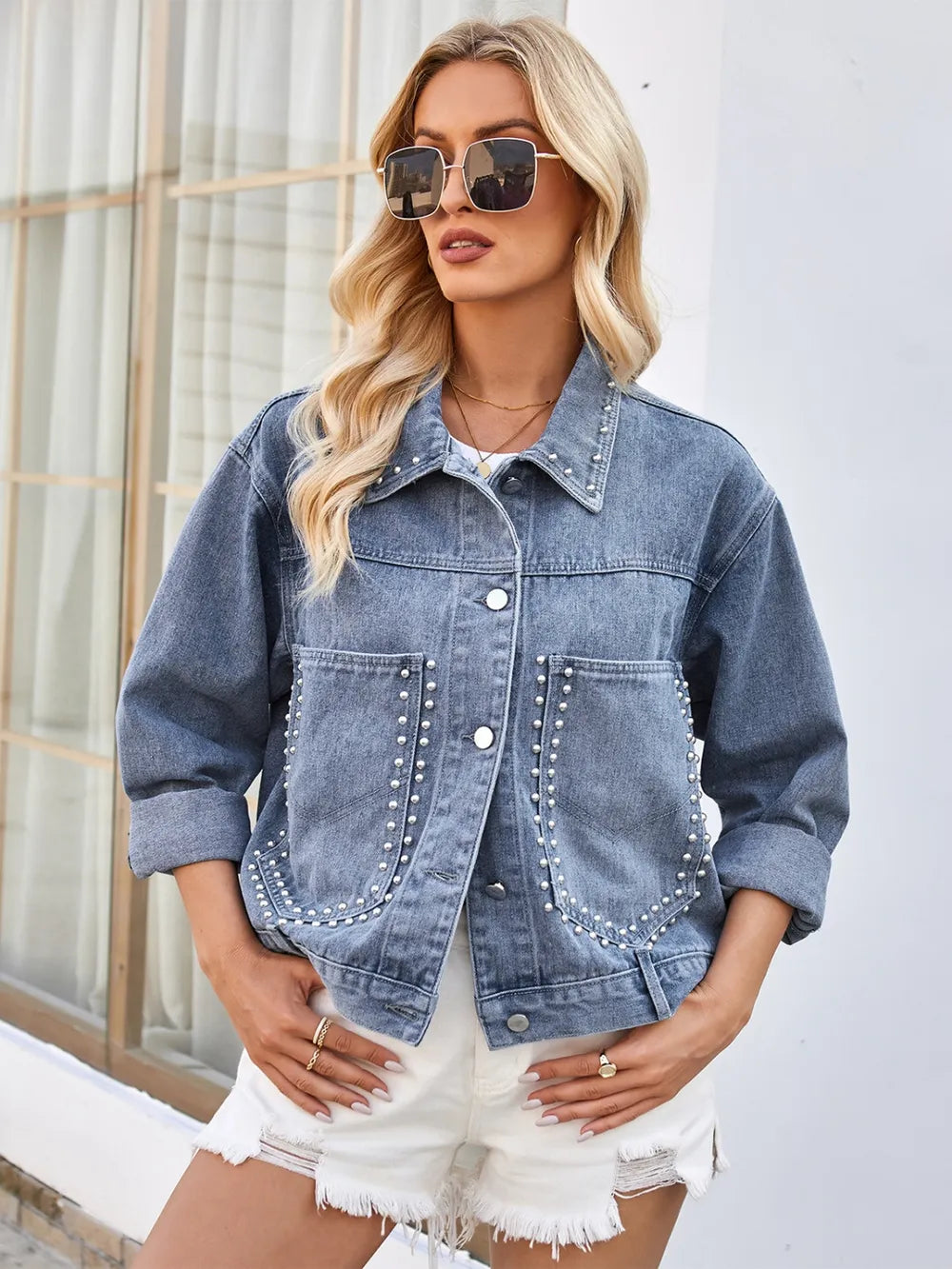 Studded Long Sleeve Denim Jacket-Krush Kandy, Women's Online Fashion Boutique Located in Phoenix, Arizona (Scottsdale Area)