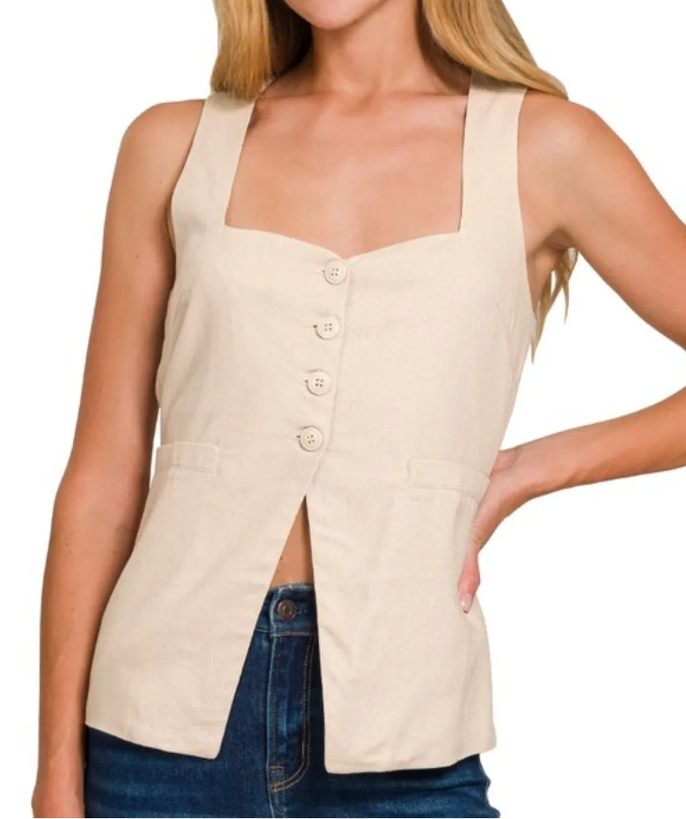 Linen Tie-back 4-button Vest with Lining-Vests-Krush Kandy, Women's Online Fashion Boutique Located in Phoenix, Arizona (Scottsdale Area)