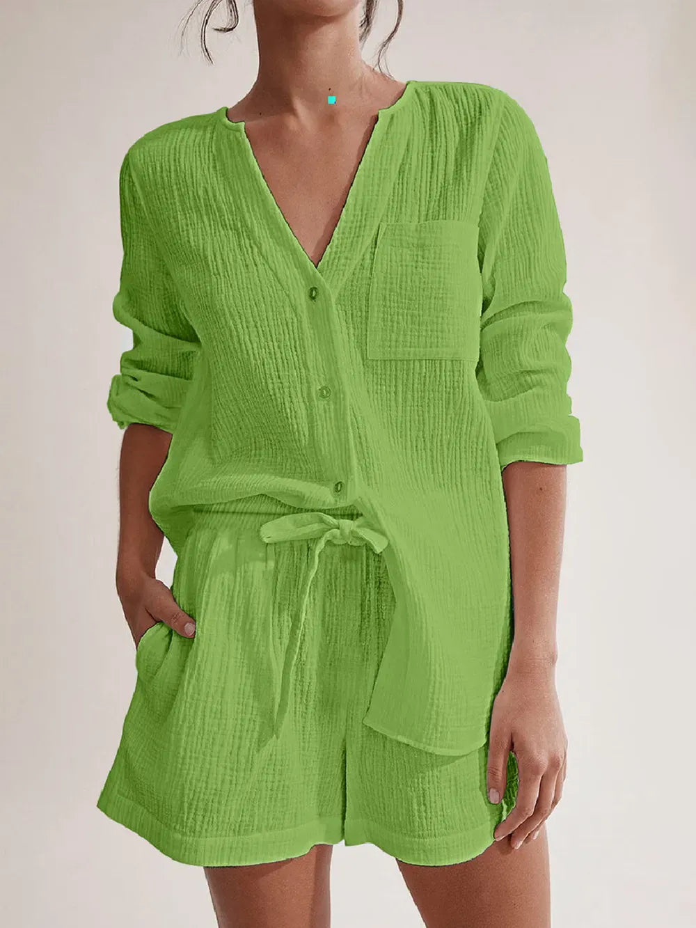 Notched Long Sleeve Top and Shorts Set-Krush Kandy, Women's Online Fashion Boutique Located in Phoenix, Arizona (Scottsdale Area)