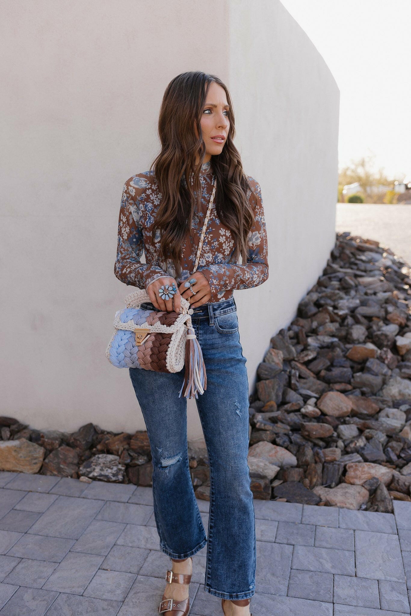Pretty In Blue Bloom Mesh Long Sleeve Top-Tops-Krush Kandy, Women's Online Fashion Boutique Located in Phoenix, Arizona (Scottsdale Area)