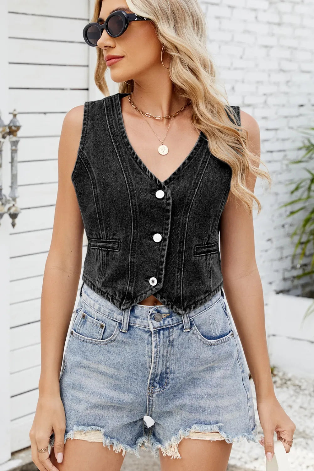 Button Down V-Neck Denim Vest-Krush Kandy, Women's Online Fashion Boutique Located in Phoenix, Arizona (Scottsdale Area)