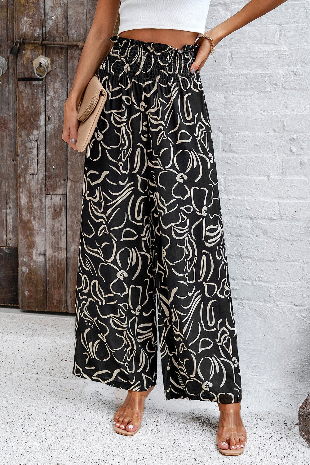 Smocked Printed Wide Leg Pants with Pockets-Pants-Krush Kandy, Women's Online Fashion Boutique Located in Phoenix, Arizona (Scottsdale Area)