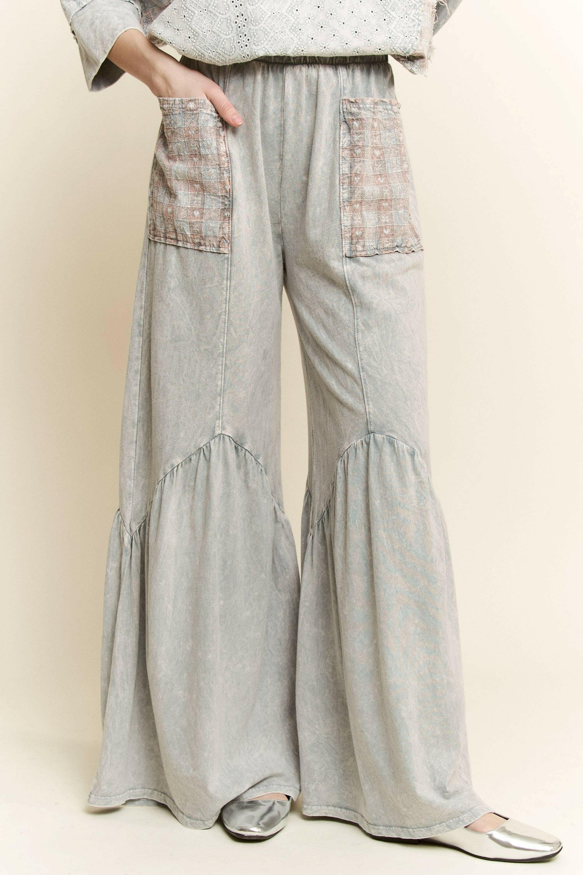 J.HER Mineral Washed Cotton Print Pocket Wide-Leg Flare Pants | S-XL-Pants-Krush Kandy, Women's Online Fashion Boutique Located in Phoenix, Arizona (Scottsdale Area)