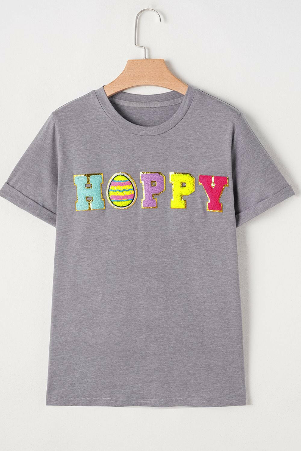 HOPPY Chenille Patch Round Neck Short Sleeve T-Shirt-Graphic Tees-Krush Kandy, Women's Online Fashion Boutique Located in Phoenix, Arizona (Scottsdale Area)