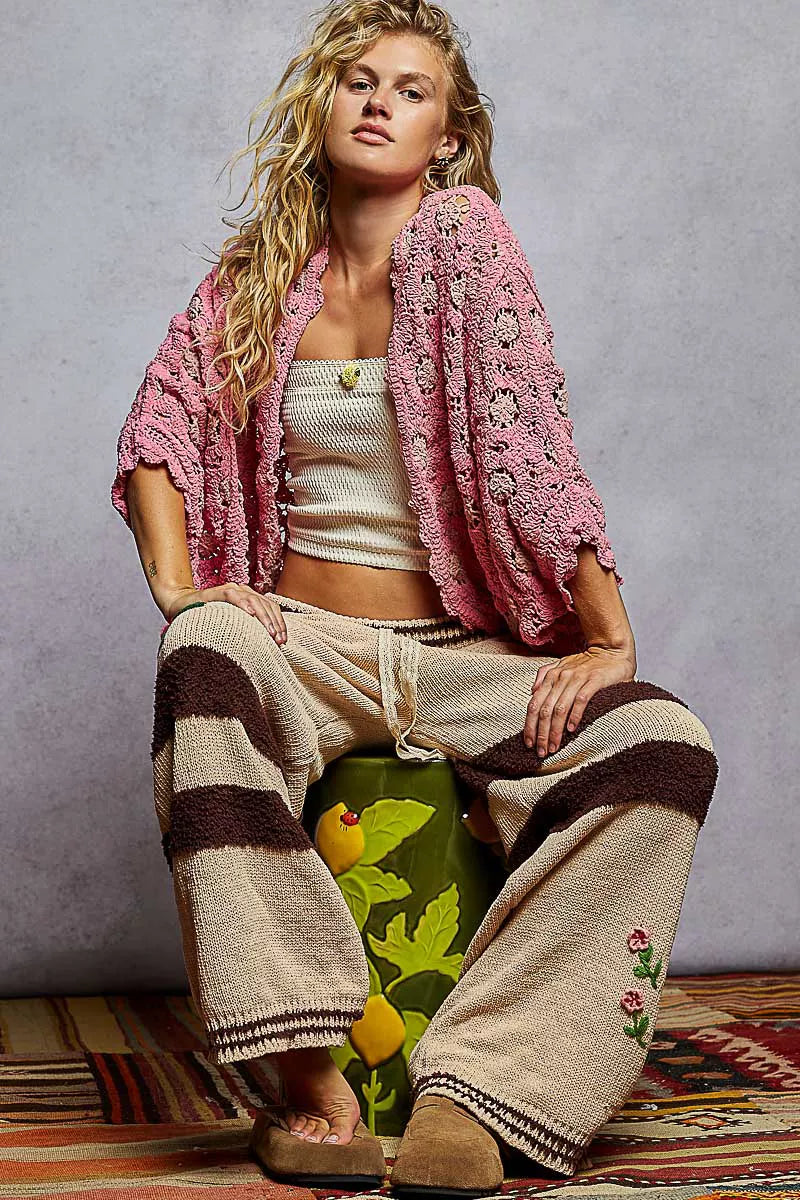 POL Openwork V-Neck Chenille Cardigan with Contrast Floral-Cardigan-Krush Kandy, Women's Online Fashion Boutique Located in Phoenix, Arizona (Scottsdale Area)