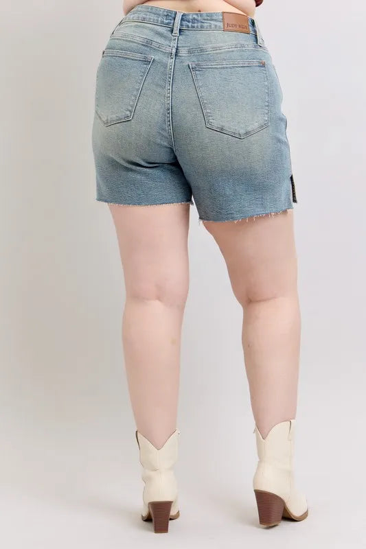 Judy Blue Full Size High Waist Vintage Wash Side Slit Denim Shorts Plus Size-Denim-Krush Kandy, Women's Online Fashion Boutique Located in Phoenix, Arizona (Scottsdale Area)