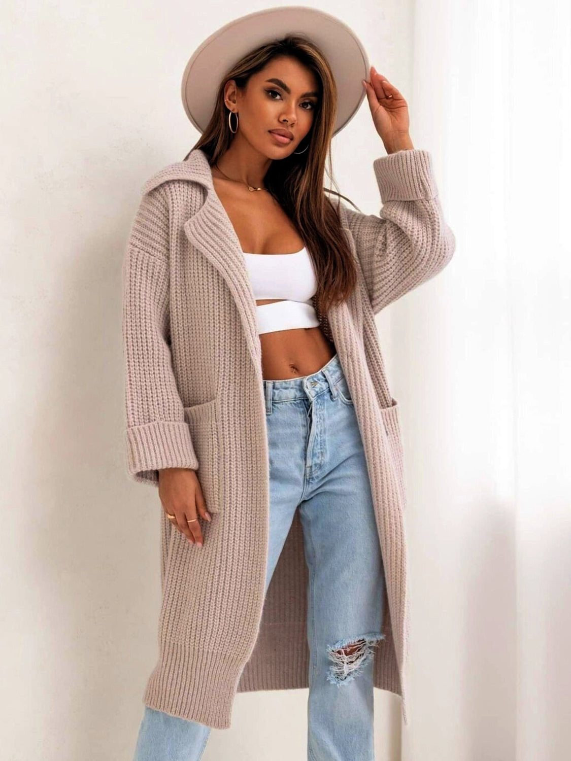 Pocketed Collared Neck Dropped Shoulder Cardigan-Krush Kandy, Women's Online Fashion Boutique Located in Phoenix, Arizona (Scottsdale Area)