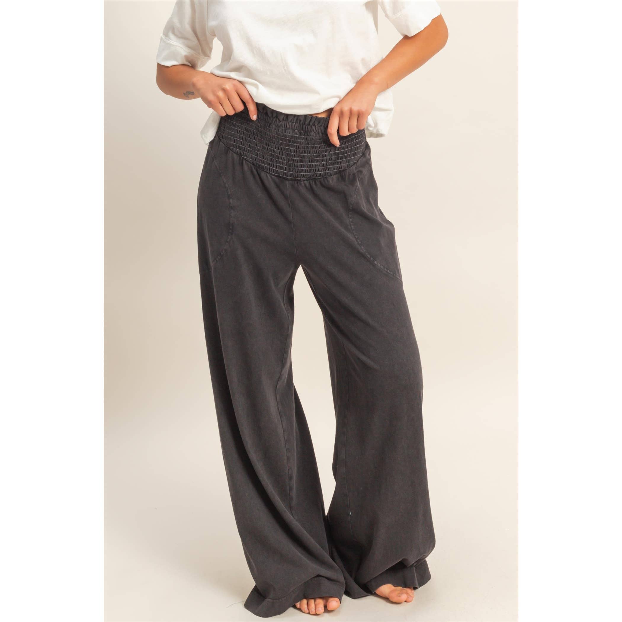 So Fetch Mineral Washed Wide-Leg Smocked Waist Pants | 6 Colors