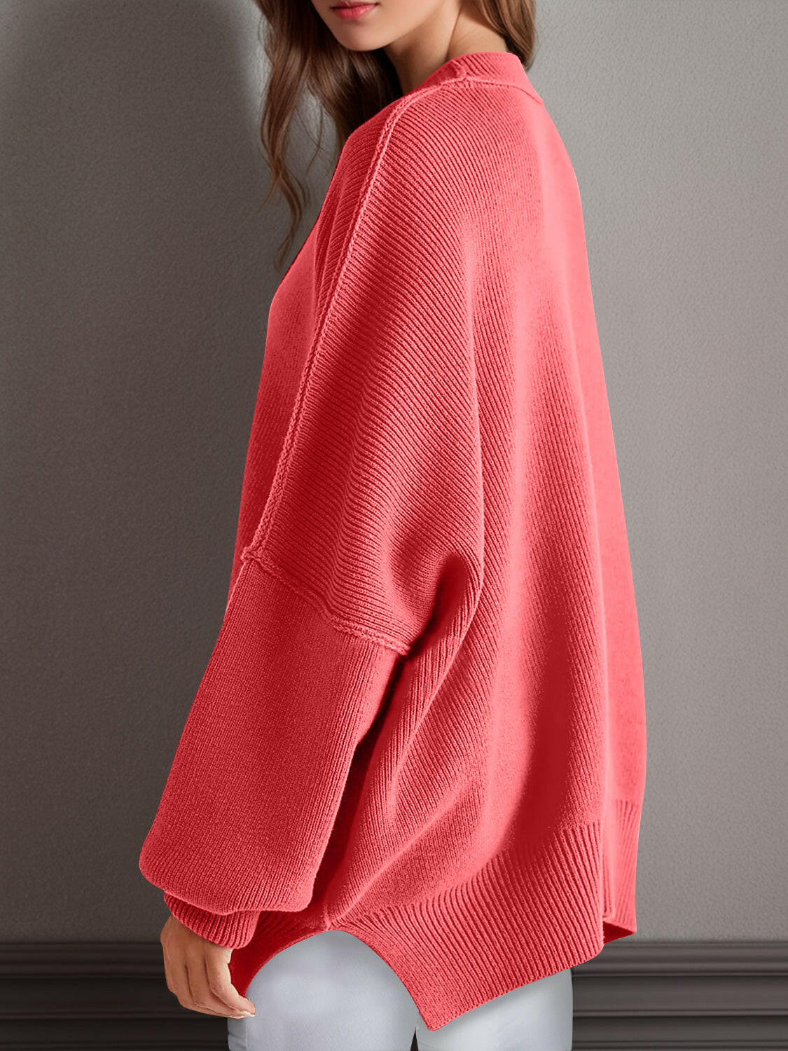 Double Take Side Slit Round Neck Long Sleeve Sweater-Sweaters-Krush Kandy, Women's Online Fashion Boutique Located in Phoenix, Arizona (Scottsdale Area)