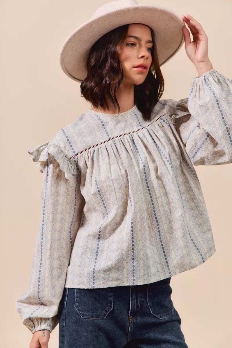 SO ME Floral Cotton Print Ruffled Long Sleeve Blouse-Tops-Krush Kandy, Women's Online Fashion Boutique Located in Phoenix, Arizona (Scottsdale Area)