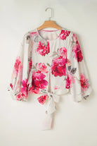 Tied Floral Round Neck Three-Quarter Sleeve Blouse-Tops-Krush Kandy, Women's Online Fashion Boutique Located in Phoenix, Arizona (Scottsdale Area)