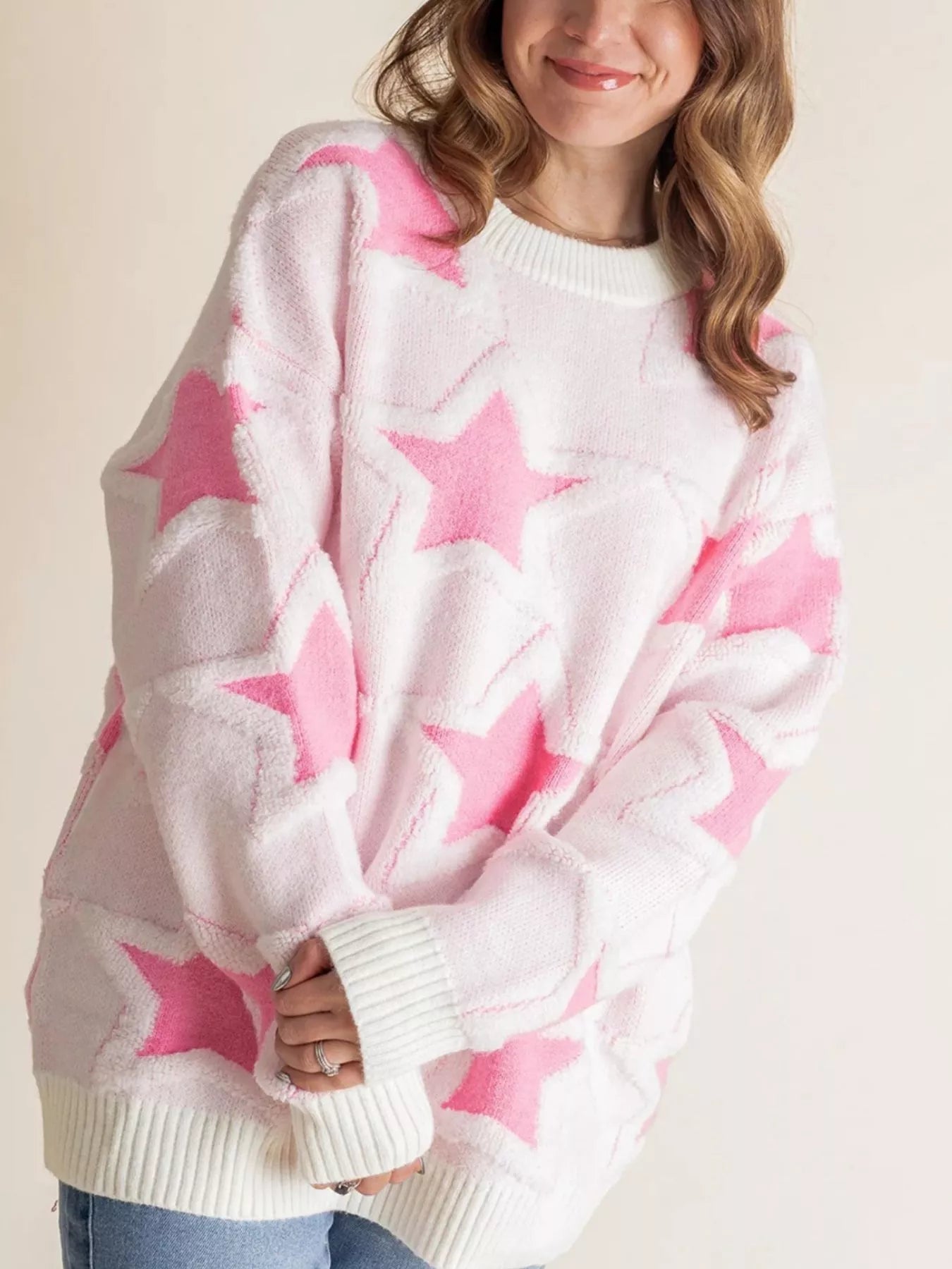 Oversized Star Pattern Ribbed Edge Drop Shoulder Sweater-Sweater-Krush Kandy, Women's Online Fashion Boutique Located in Phoenix, Arizona (Scottsdale Area)