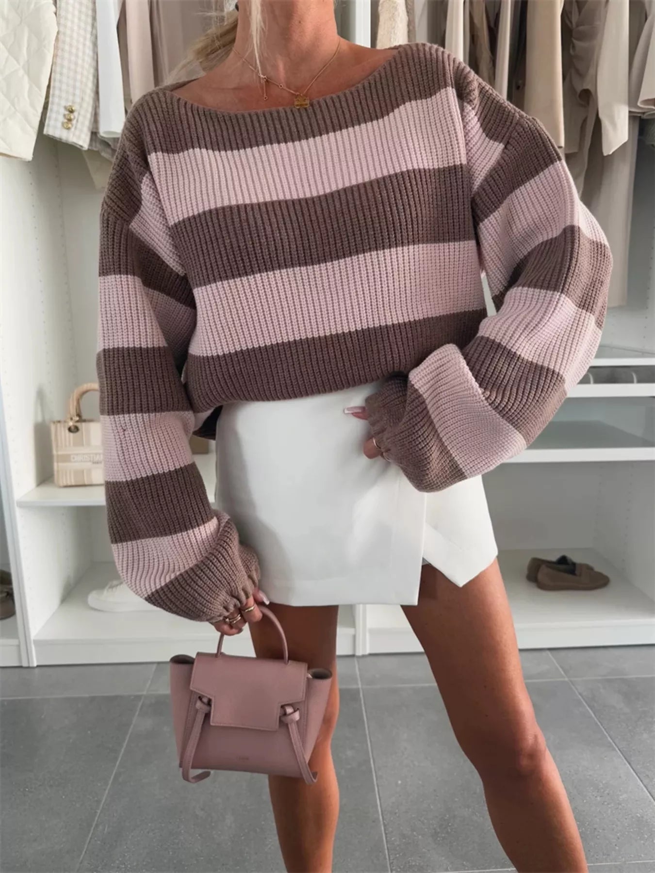Contrast Striped Long Sleeve Sweater-Sweater-Krush Kandy, Women's Online Fashion Boutique Located in Phoenix, Arizona (Scottsdale Area)