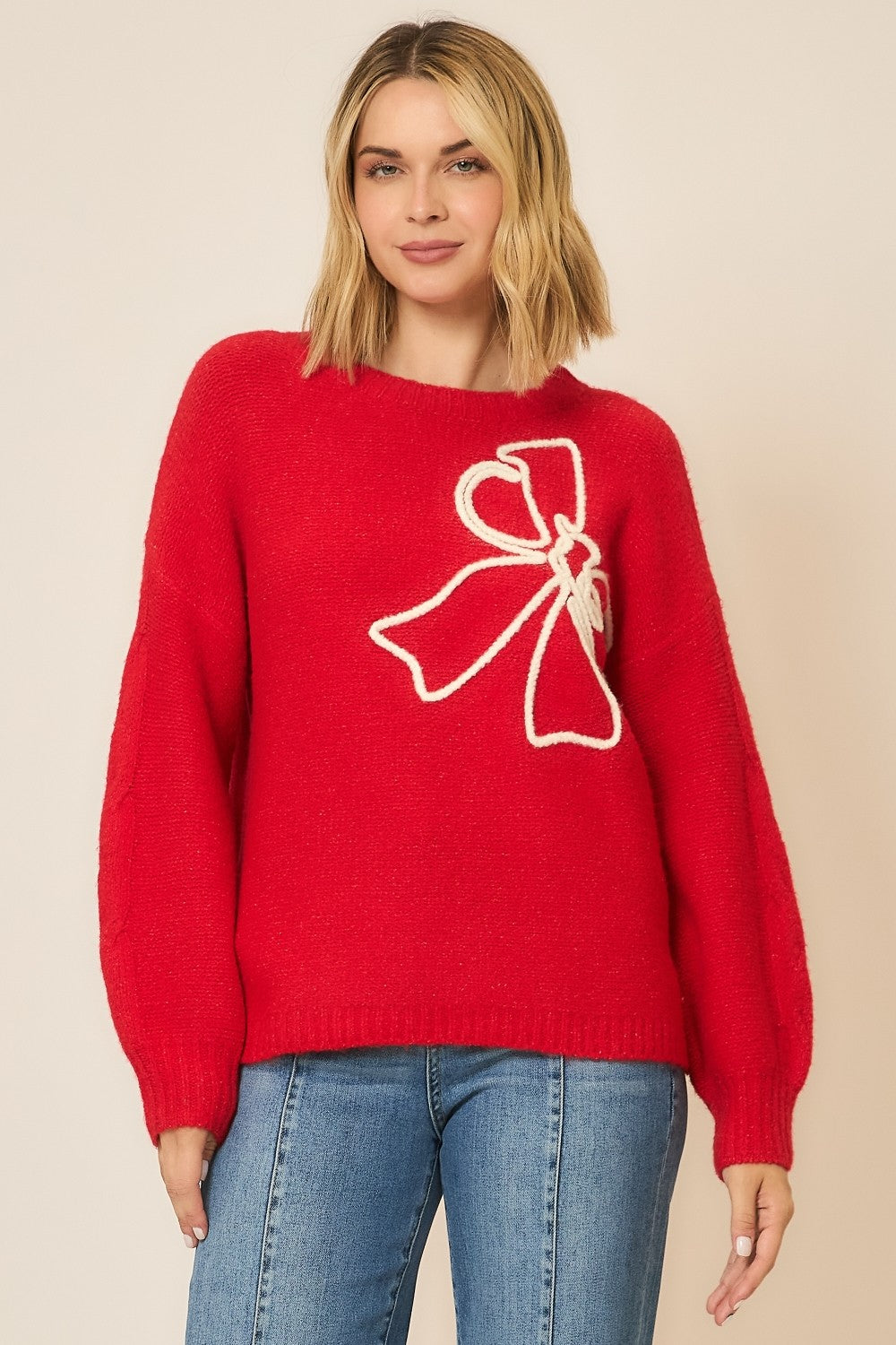 Soft Brushed Embroidered Bow Knit Sweater-Sweaters-Krush Kandy, Women's Online Fashion Boutique Located in Phoenix, Arizona (Scottsdale Area)