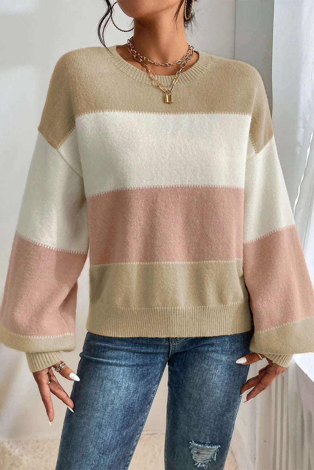 Color Block Round Neck Lantern Sleeve Sweater-Krush Kandy, Women's Online Fashion Boutique Located in Phoenix, Arizona (Scottsdale Area)