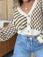 Checkered and Striped Pattern Button-Front Cropped Cardigan-Cardigan-Krush Kandy, Women's Online Fashion Boutique Located in Phoenix, Arizona (Scottsdale Area)