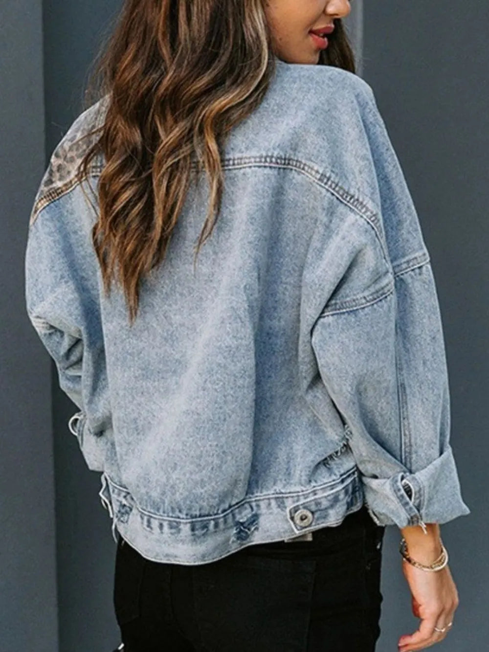 Distressed Leopard Drop Shoulder Denim Jacket-Jacket-Krush Kandy, Women's Online Fashion Boutique Located in Phoenix, Arizona (Scottsdale Area)