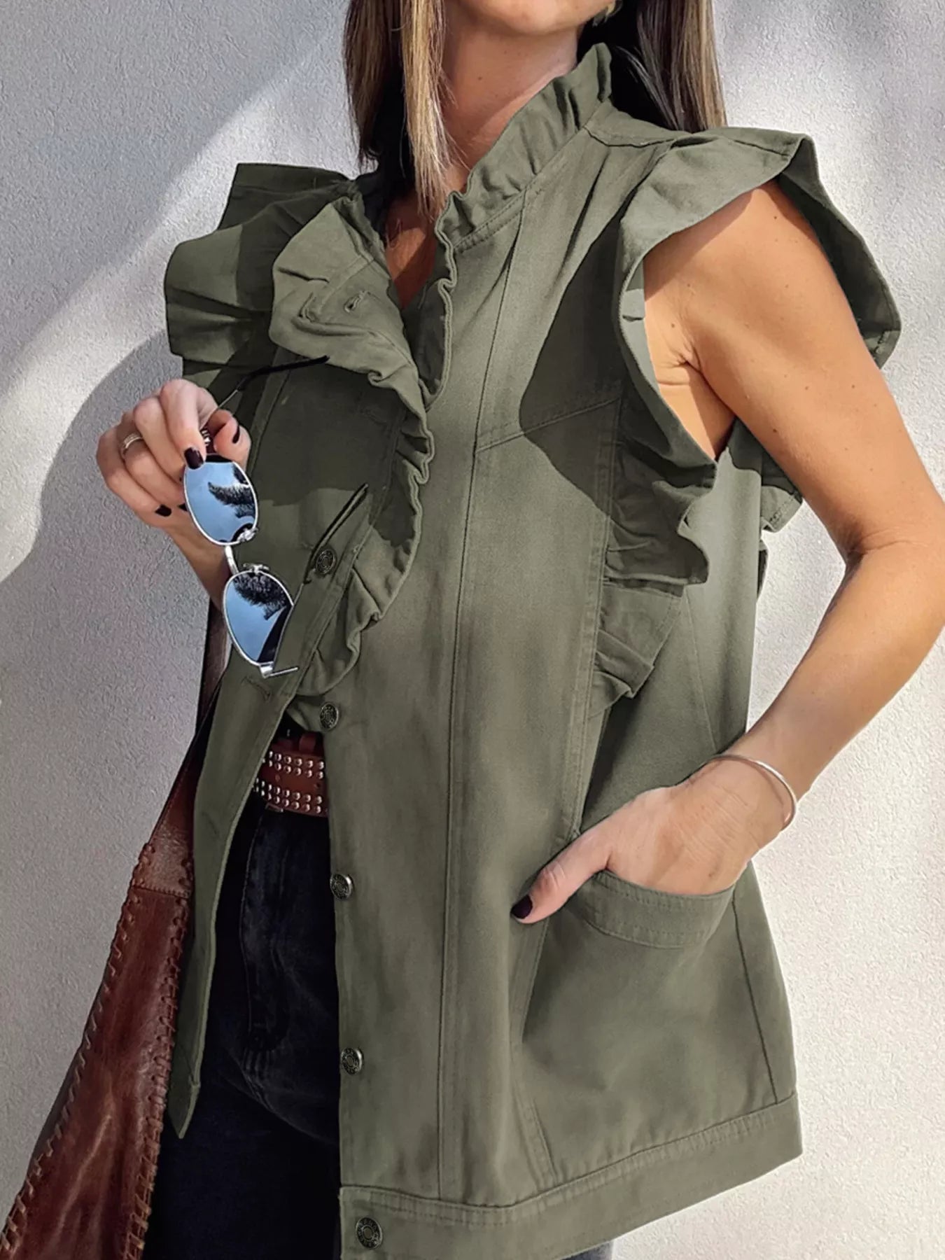 Ruffled Patchwork Denim Jacket Vest-Krush Kandy, Women's Online Fashion Boutique Located in Phoenix, Arizona (Scottsdale Area)