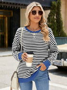 Slit Striped Round Neck Long Sleeve Sweatshirt-Krush Kandy, Women's Online Fashion Boutique Located in Phoenix, Arizona (Scottsdale Area)