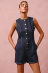 SO ME Button Up Front Washed Denim Sleeveless Romper-Jumpsuits & Rompers-Krush Kandy, Women's Online Fashion Boutique Located in Phoenix, Arizona (Scottsdale Area)