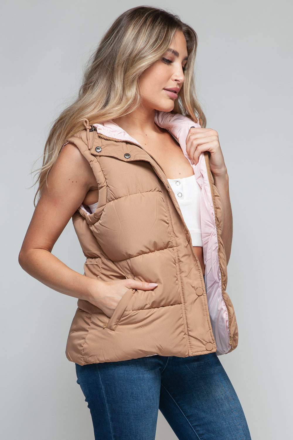 Cozy Chic: Hooded Puffer Vest - Khaki-Vests-Krush Kandy, Women's Online Fashion Boutique Located in Phoenix, Arizona (Scottsdale Area)