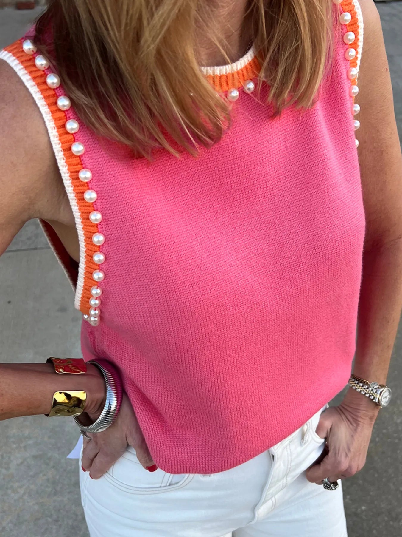 Contrast Trim Pearl Detail Sweater Tank Top – Krush Kandy