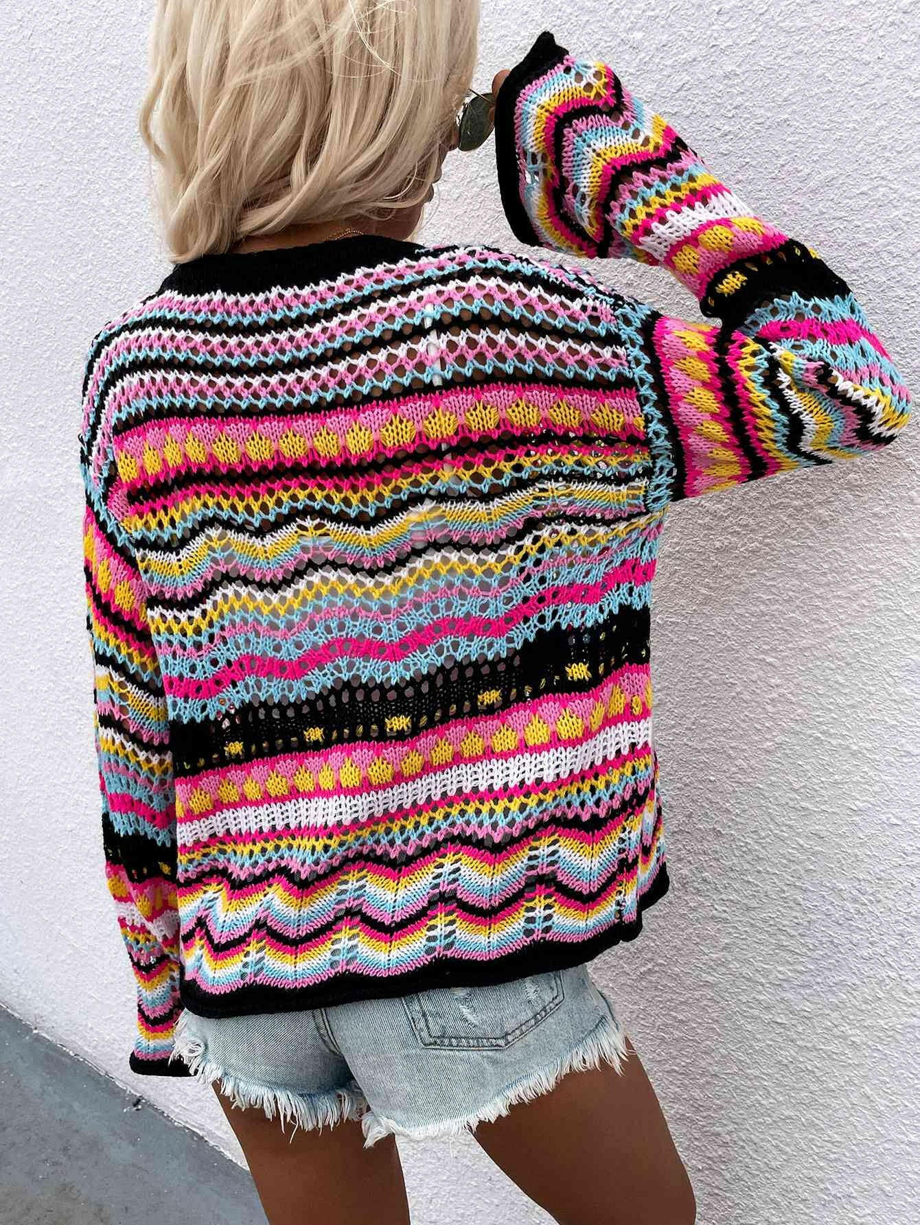 Chevron Stripes Openwork Cardigan-Krush Kandy, Women's Online Fashion Boutique Located in Phoenix, Arizona (Scottsdale Area)