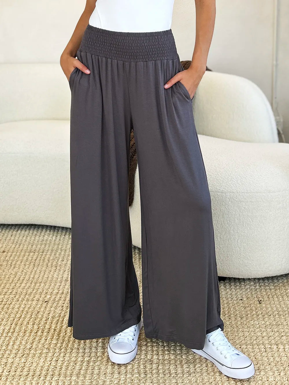 Full Size Smocked Wide Waistband Wide Leg Pants-Pants-Krush Kandy, Women's Online Fashion Boutique Located in Phoenix, Arizona (Scottsdale Area)