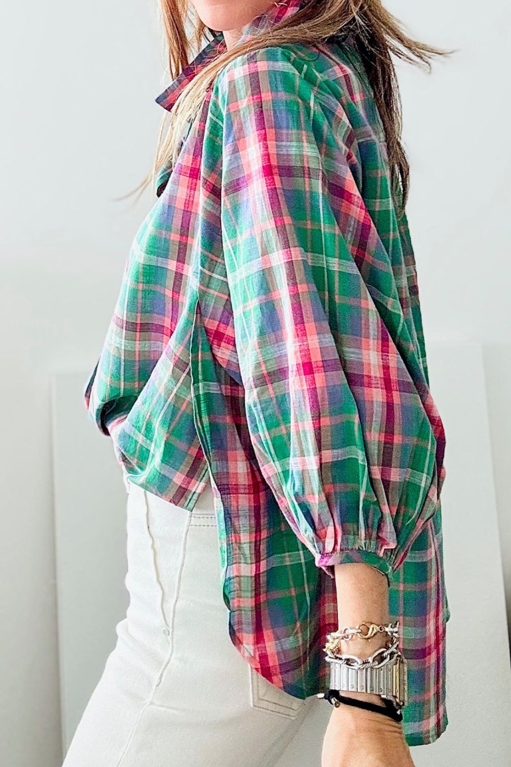 Plaid Collared Neck Three-Quarter Sleeve Shirt-Krush Kandy, Women's Online Fashion Boutique Located in Phoenix, Arizona (Scottsdale Area)