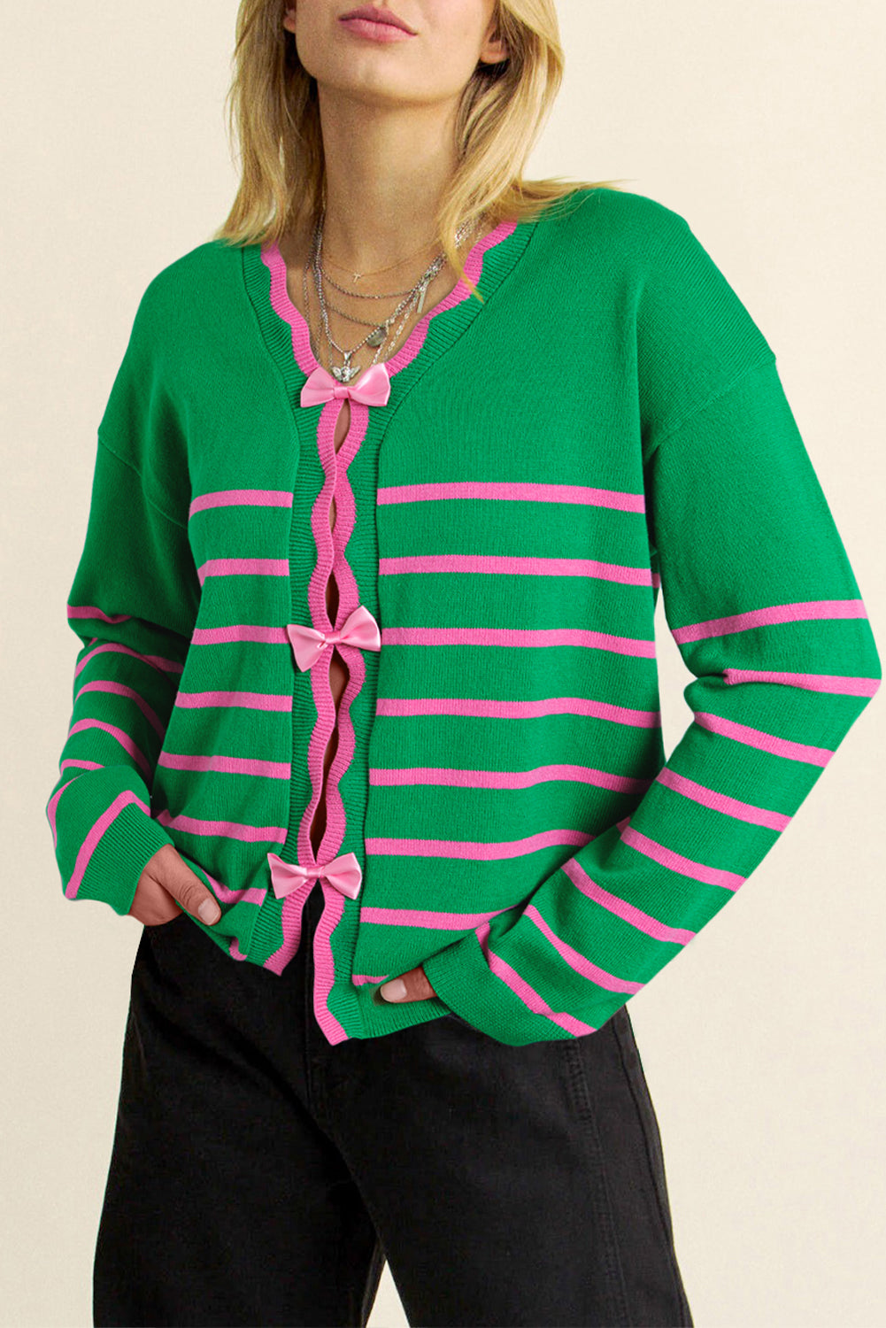 Bow Striped V-Neck Long Sleeve Cardigan-Krush Kandy, Women's Online Fashion Boutique Located in Phoenix, Arizona (Scottsdale Area)