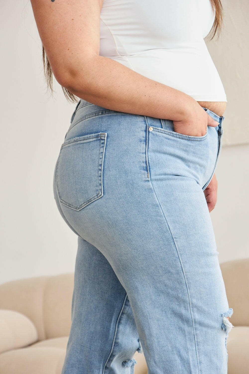 RfM Full Size Tummy Control High Waist Raw Hem Distressed Jeans-Krush Kandy, Women's Online Fashion Boutique Located in Phoenix, Arizona (Scottsdale Area)