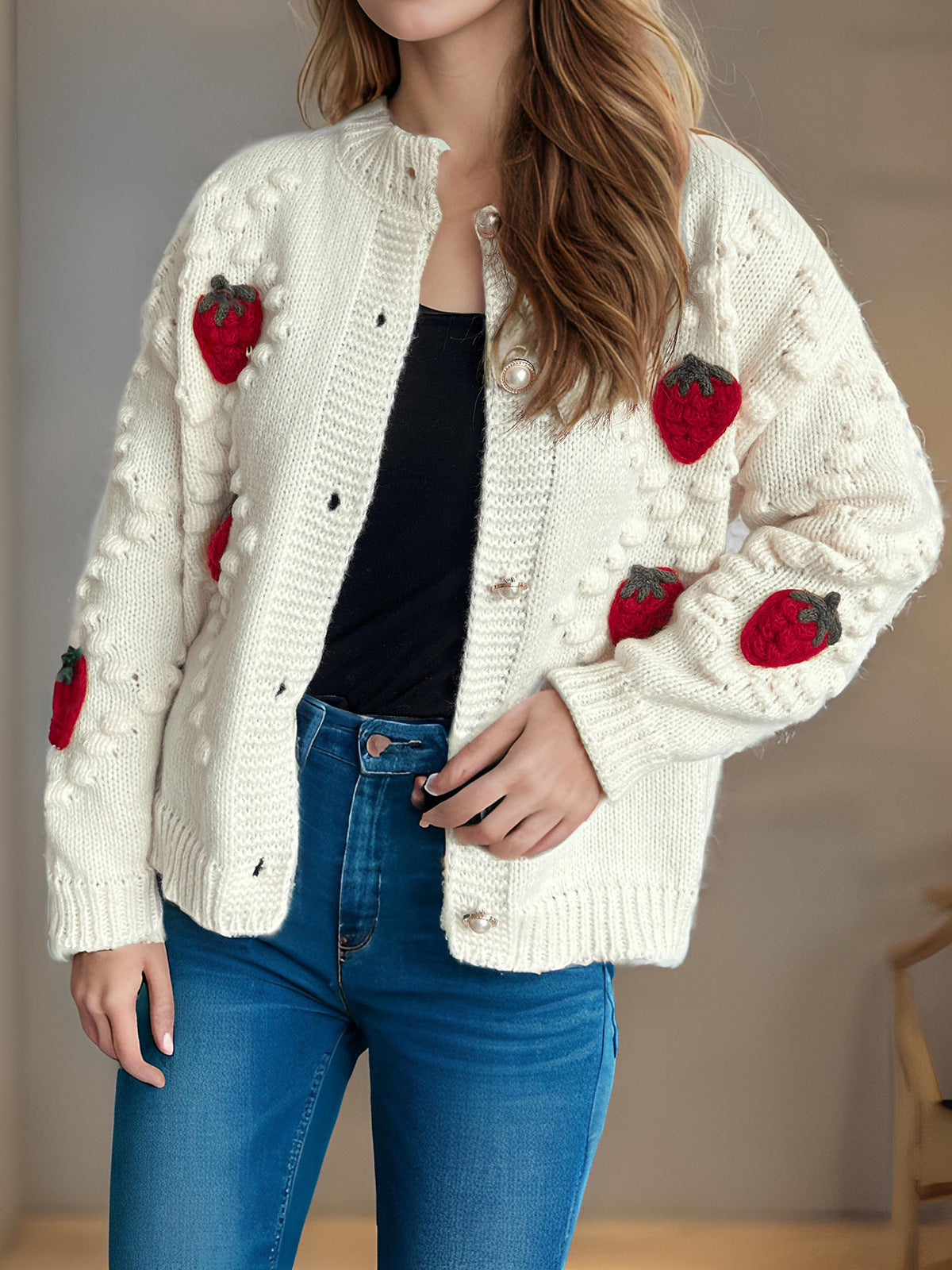 Strawberry Button Down Long Sleeve Cardigan-Cardigans-Krush Kandy, Women's Online Fashion Boutique Located in Phoenix, Arizona (Scottsdale Area)