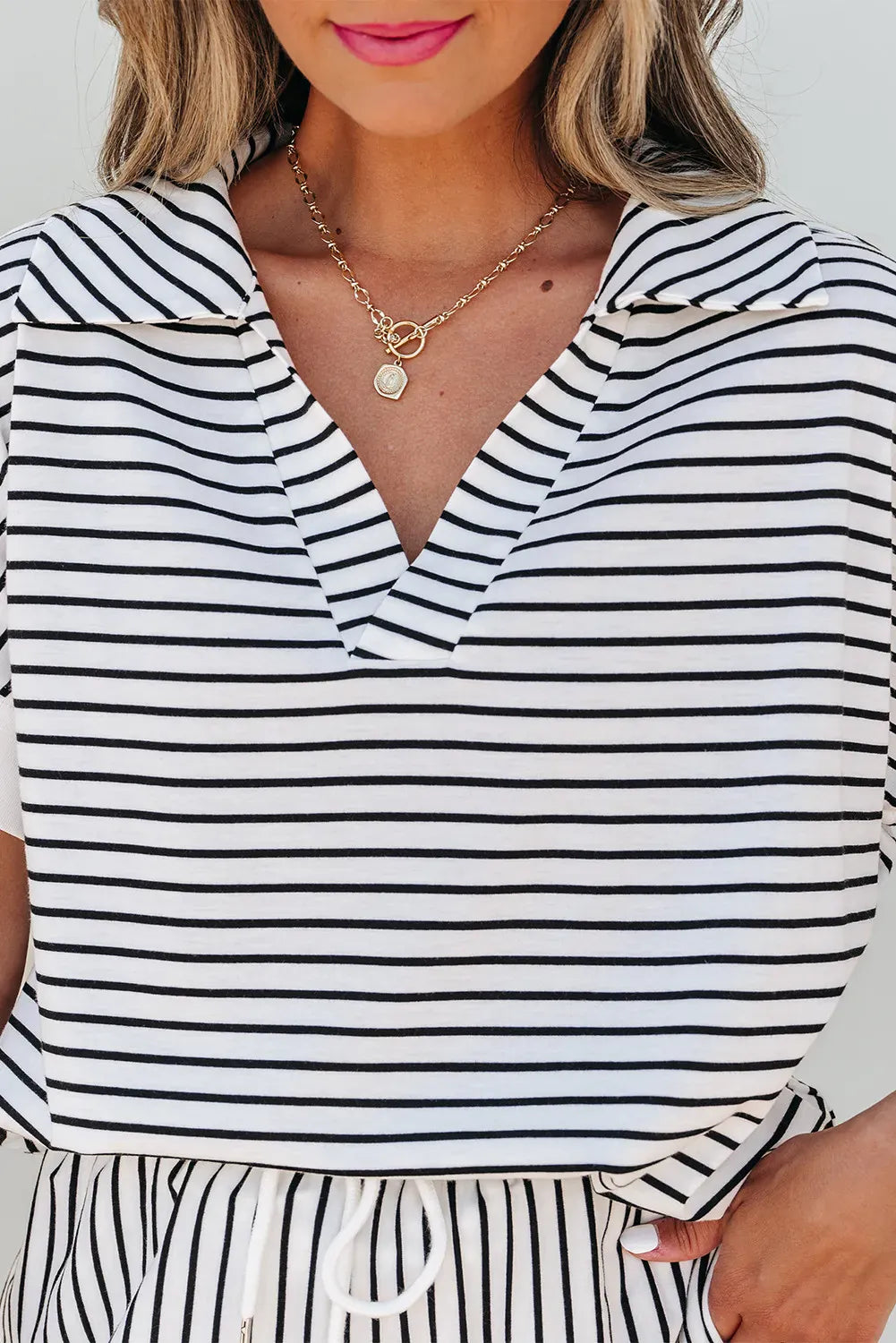 Striped V-Neck Polo Top & Shorts Set-2 Piece Outfit Sets-Krush Kandy, Women's Online Fashion Boutique Located in Phoenix, Arizona (Scottsdale Area)