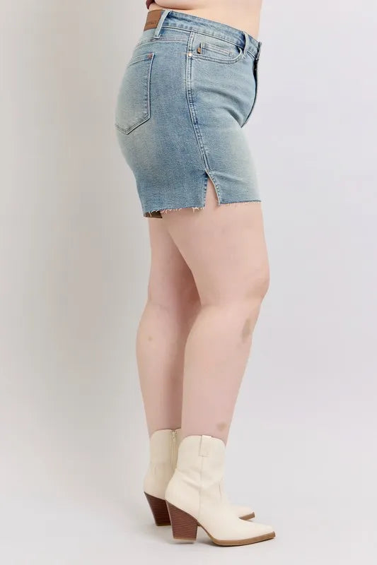 Judy Blue Full Size High Waist Vintage Wash Side Slit Denim Shorts Plus Size-Denim-Krush Kandy, Women's Online Fashion Boutique Located in Phoenix, Arizona (Scottsdale Area)