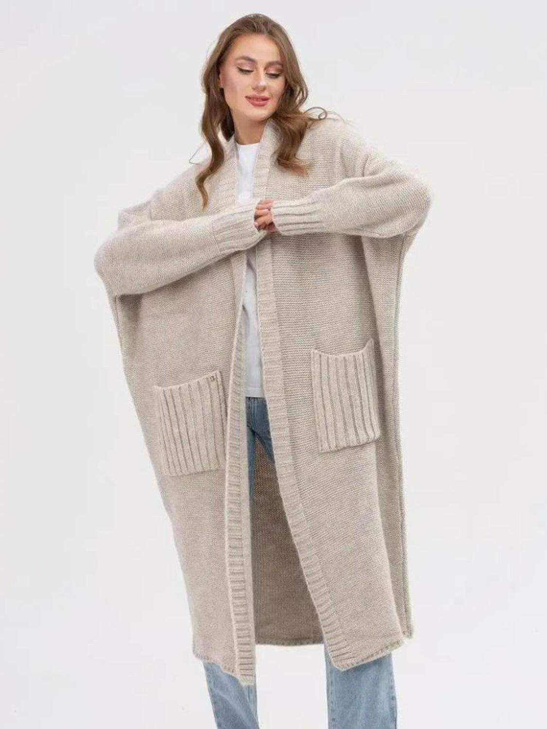 Pocketed Longline Cardigan with Open Front and Long Sleeves