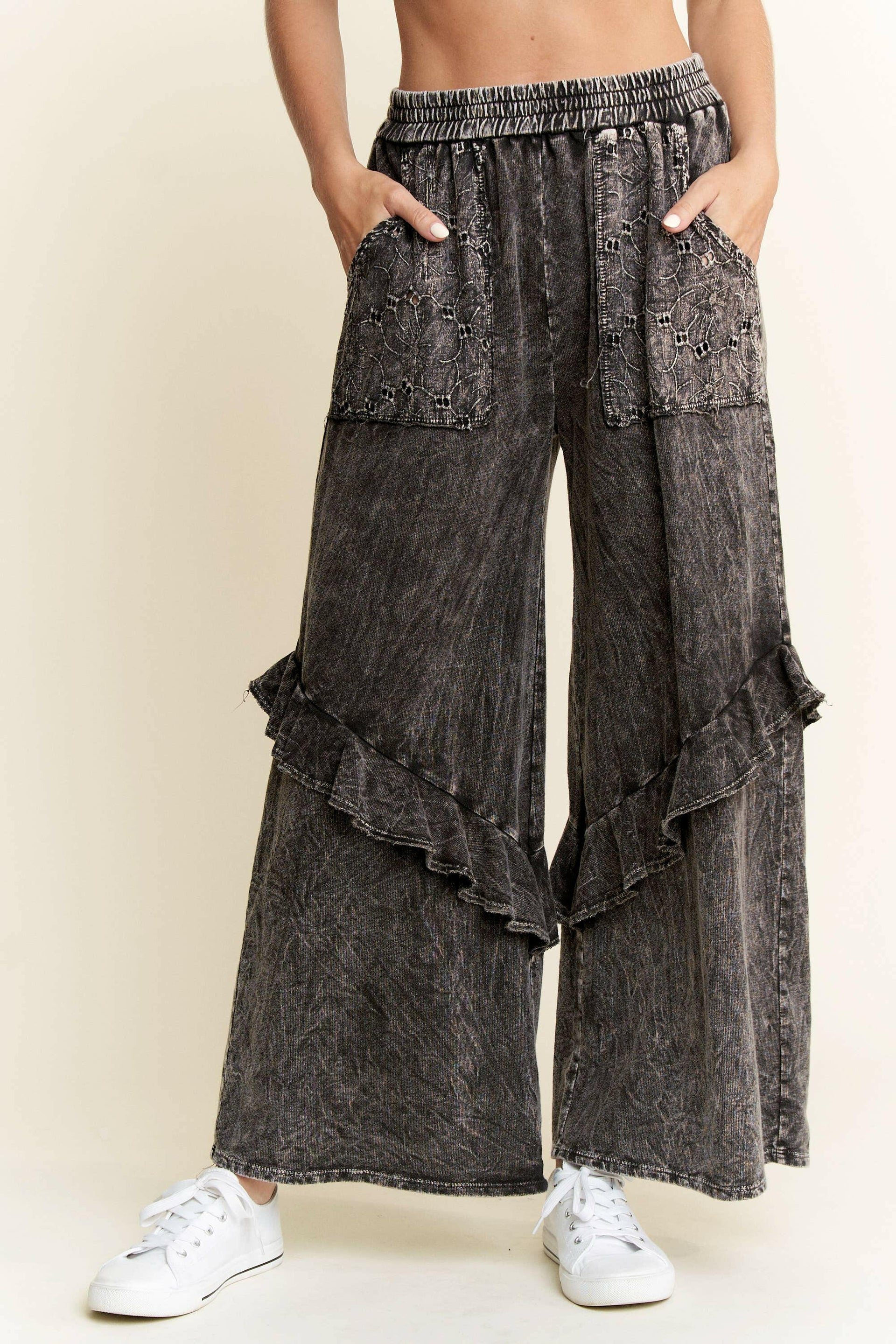 J.HER Mineral Wash Eyelet Pocket Ruffle Pants-Krush Kandy, Women's Online Fashion Boutique Located in Phoenix, Arizona (Scottsdale Area)