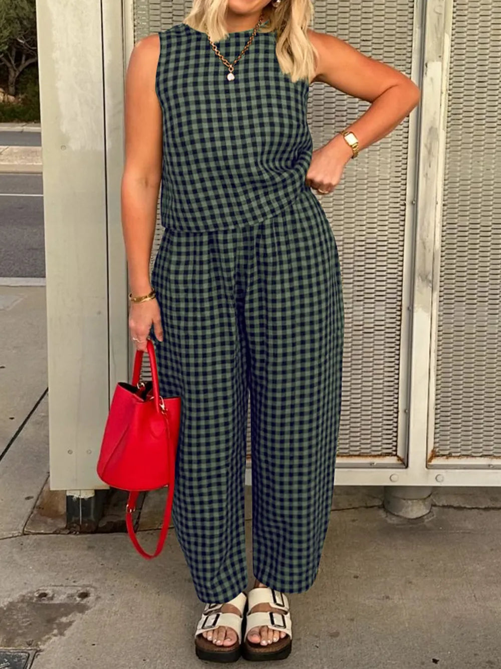 Lovelet Plaid Round Neck Sleeveless Top and Pants Set-2 Piece Outfit Sets-Krush Kandy, Women's Online Fashion Boutique Located in Phoenix, Arizona (Scottsdale Area)