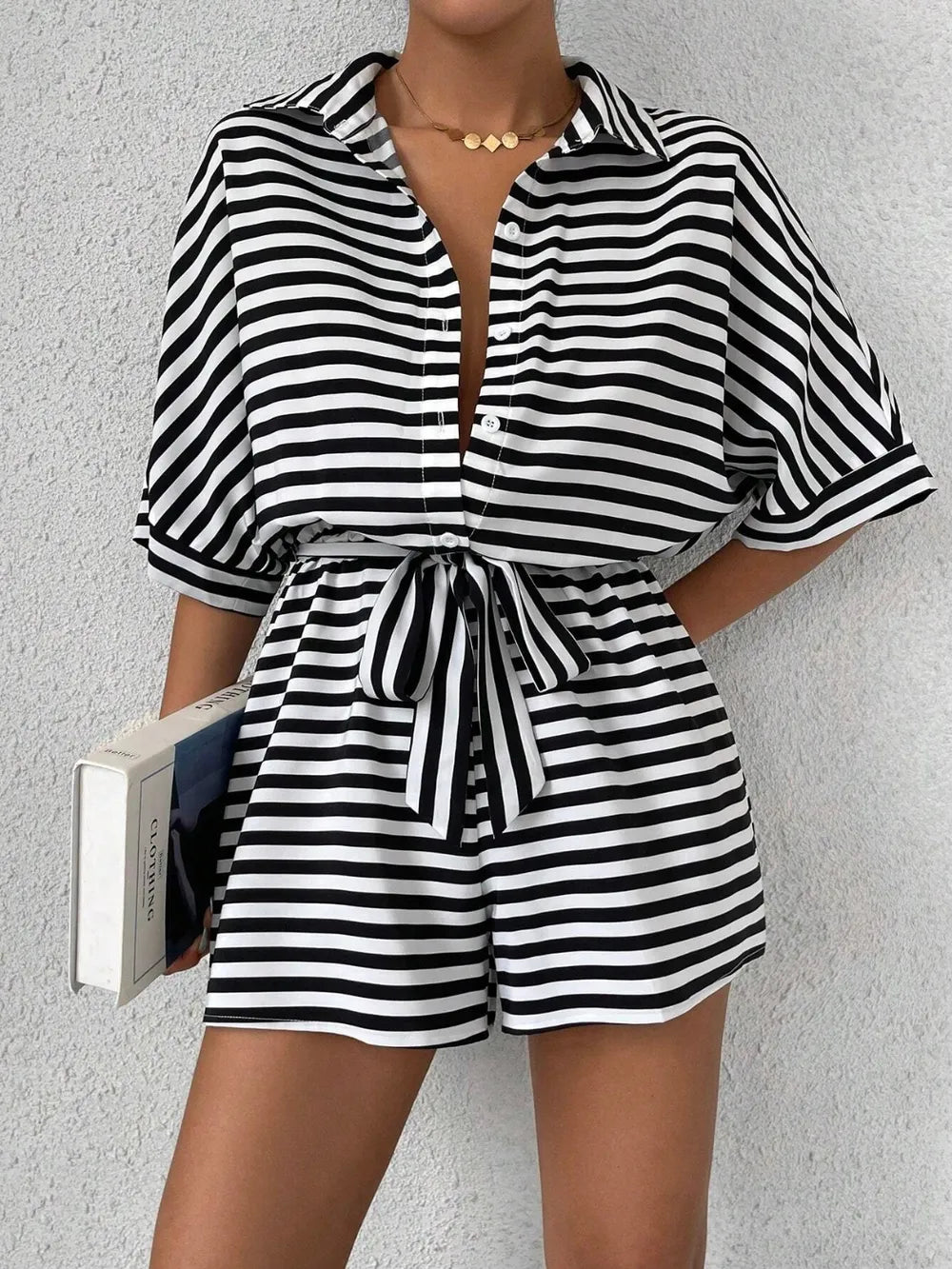 Tie Waist Half Button Striped Romper-Jumpsuits & Rompers-Krush Kandy, Women's Online Fashion Boutique Located in Phoenix, Arizona (Scottsdale Area)