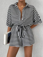 Tie Waist Half Button Striped Romper-Jumpsuits & Rompers-Krush Kandy, Women's Online Fashion Boutique Located in Phoenix, Arizona (Scottsdale Area)