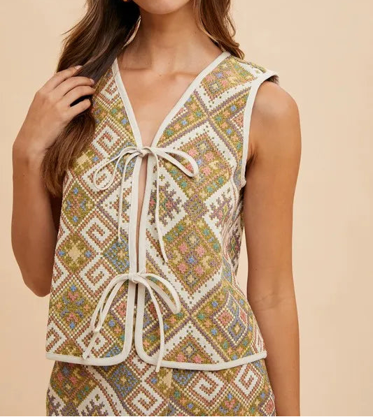 Annie Wear Ethnic Woven Jacquard Tie Front Vest-Vests-Krush Kandy, Women's Online Fashion Boutique Located in Phoenix, Arizona (Scottsdale Area)