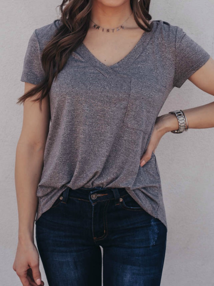 MONO B Forever Loved Long Line Deep V-Neck Pocket Shirt | S-3X, Multiple Colors-Short Sleeve Tops-Krush Kandy, Women's Online Fashion Boutique Located in Phoenix, Arizona (Scottsdale Area)