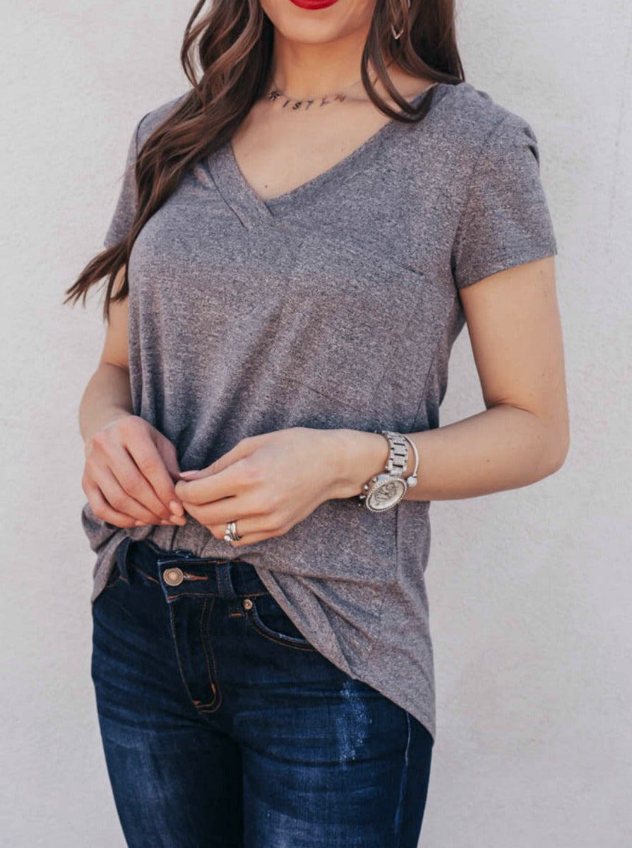 MONO B Forever Loved Long Line Deep V-Neck Pocket Shirt | S-3X, Multiple Colors-Short Sleeve Tops-Krush Kandy, Women's Online Fashion Boutique Located in Phoenix, Arizona (Scottsdale Area)