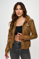 Brown Hooded Lined Vegan Leather Moto Jacket with Thumbholes.&nbsp;-Jackets-Krush Kandy, Women's Online Fashion Boutique Located in Phoenix, Arizona (Scottsdale Area)