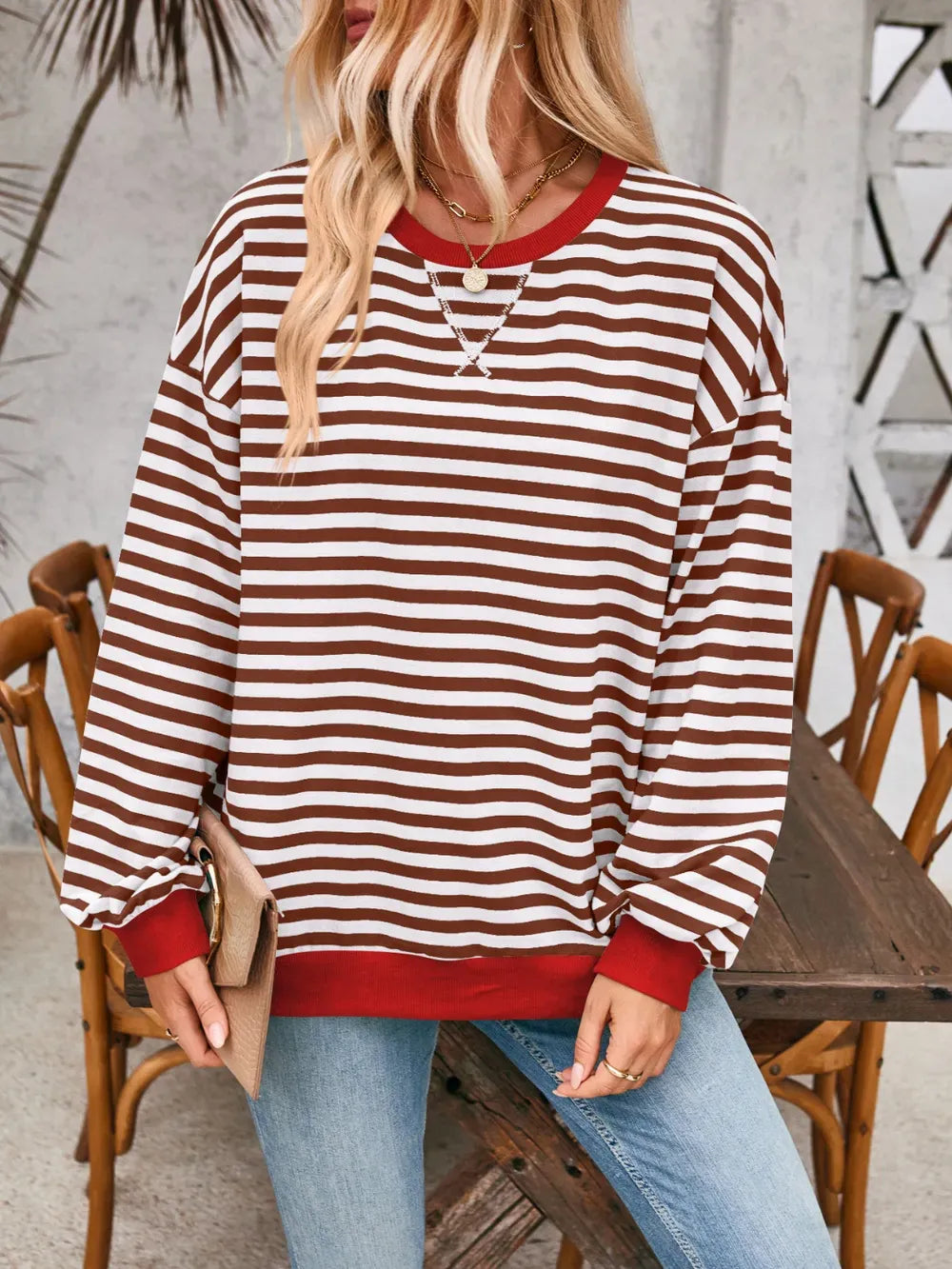 Lovelet Contrast Striped Long Sleeve Sweatshirt-Sweaters-Krush Kandy, Women's Online Fashion Boutique Located in Phoenix, Arizona (Scottsdale Area)