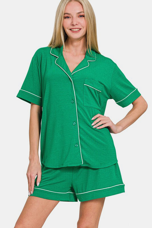 Zenana Button Down Short Sleeve Top and Shorts Lounge Set-Loungewear-Krush Kandy, Women's Online Fashion Boutique Located in Phoenix, Arizona (Scottsdale Area)